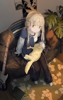 Rule 34 | 1girl, absurdres, animal, animal on lap, bass guitar, black pants, blonde hair, book, breasts, brown hair, carpet, cat, closed mouth, commentary, couch, electric guitar, floral print, flower, from above, full body, gihyeon lee, green eyes, guitar, hair ornament, hairclip, headphones, highres, indoors, instrument, jacket, long hair, long sleeves, looking at viewer, looking up, no shoes, on couch, on lap, pants, petting, plant, poster (object), potted plant, rug, shirt, sitting, sleeves past wrists, socks, solo, sweatpants, track jacket, track pants, track suit, viichan, virtual youtuber, waktaverse, white hair, white shirt, white socks, wooden floor, yellow eyes
