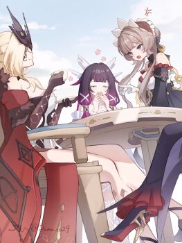 Rule 34 | 4girls, anger vein, arlecchino (genshin impact), black gloves, black hair, black pants, black shoes, blonde hair, blue eyes, brown hair, closed eyes, cloud, cloudy sky, coat, columbina (genshin impact), commentary request, crossed legs, cup, detached sleeves, eating, elbow gloves, eye mask, frilled sleeves, frills, genshin impact, gloves, hair bun, head wings, headdress, high heels, highres, holding, holding cup, holding saucer, long sidelocks, looking at another, mask, multicolored hair, multiple girls, off-shoulder coat, off shoulder, open mouth, outdoors, pants, pointing, pointing at another, pumu (pumu co29), purple hair, sandrone (genshin impact), saucer, shoes, sidelocks, signora (genshin impact), sky, table, teacup, white gloves, winding key, wings