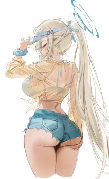1girl alternate_costume ass ass_support asuna_(blue_archive) bikini blonde_hair blue_archive blue_bikini blue_eyes blue_halo blue_shorts breasts chico_(51m741) commentary denim denim_shorts from_behind gluteal_fold halo highres large_breasts long_hair looking_back ponytail scrunchie see-through_clothes see-through_shirt shirt short_shorts shorts simple_background solo swimsuit symbol-only_commentary tied_shirt very_long_hair white_background wrist_scrunchie