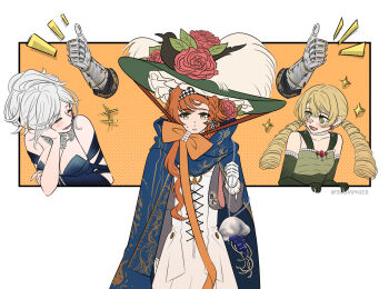 Rule 34 | +++, 1boy, 3girls, :d, ^ ^, a knight (reverse:1999), armor, bag, bare shoulders, blonde hair, blue cape, blue dress, bow, bracelet, breasts, cape, checkered hairband, chinstrap, cleavage, closed eyes, dress, drill hair, elbow gloves, elbow rest, eternity (reverse:1999), facing another, flower, gauntlets, gloves, green dress, green eyes, green gloves, green hat, grey sleeves, hairband, hand on own arm, hand on own cheek, hand on own face, hand up, handbag, hat, hat feather, hat flower, head rest, headwear switch, highres, holding, holding bag, humpnie, invisible, jewelry, long hair, long sleeves, looking at another, looking at viewer, low twintails, medium breasts, multiple girls, notice lines, open mouth, orange background, orange bow, orange hair, ornate armor, parted lips, ponytail, red flower, reverse:1999, sleeveless, sleeveless dress, smile, sonetto (reverse:1999), sparkle, straight-on, strapless, strapless dress, sun hat, sweat, thumbs up, twin drills, twintails, twitter username, two-tone background, white background, white dress, white gloves, white hair