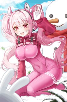 1girl absurdres alice_(nikke) animal_ears bodysuit breasts buckle carrying cloud coal cropped_jacket full_body gloves goddess_of_victory:_nikke grass hand_up headset highres jacket kneeling large_breasts long_hair long_sleeves looking_at_viewer open_mouth outdoors pink_bodysuit pink_eyes pink_hair pouch rabbit_ears red_jacket red_scarf round_teeth scar scarf shoulder_pouch smile snow snowman solo strap sunlight teeth twintails yurang_heart