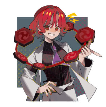 1girl 950magi618 commentary_request drum drum_set highres horikawa_raiko instrument jacket lightning long_sleeves looking_at_viewer mitsudomoe_(shape) necktie open_clothes open_jacket plaid_clothes plaid_shirt purple_necktie red_eyes red_hair red_nails shirt skirt smile solo suit_jacket taiko_drum tomoe_(symbol) touhou upper_body white_background white_jacket white_skirt