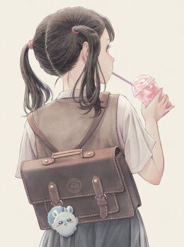 Rule 34 | 1girl, absurdres, bag, black hair, charm (object), cup, disposable cup, drinking, drinking straw, facing away, from behind, highres, holding, holding cup, original, otto (otto52coffee), school bag, school uniform, shirt, short sleeves, simple background, skirt, smoothie, solo, sweater vest, twintails, whipped cream, white background, white shirt