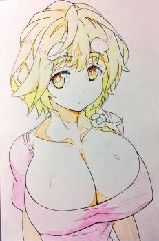 Rule 34 | 1girl, blush, braid, breasts, brown hair, cleavage, collarbone, commentary request, hair between eyes, hair ornament, highres, koiwai yoshino, large breasts, looking at viewer, masamune-kun no revenge, pink shirt, sharekoube, shirt, short hair, short sleeves, solo, traditional media, yellow eyes