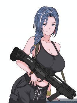 1girl absurdres black_pants blue_hair bullpup cimol95 double-barreled_shotgun dp-12_(girls&#039;_frontline) girls&#039;_frontline girls&#039;_frontline_2:_exilium grey_eyes gun helen_(girls&#039;_frontline_2) highres ibispaint_(medium) military multiple-barrel_gun navel pants pump-action_shotgun pump_action shotgun side-by-side-barreled_shotgun simple_background solo standard_manufacturing_dp-12 weapon white_background