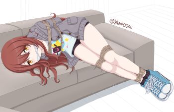 1girl arms_behind_back artist_name bdsm black_socks blue_shoes bondage bound bound_ankles bound_arms bound_legs breasts brown_hair cardigan couch full_body grey_cardigan highres idolmaster idolmaster_shiny_colors long_hair looking_at_viewer lying on_couch on_side open_cardigan open_clothes orange_eyes osaki_tenka rope shirt shoes short_shorts shorts sneakers socks solo twitter_username yanpooru