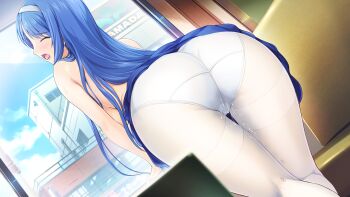 1girl ass bent_over blue_hair blue_skirt blush breasts choukou_(alicesoft) choukou_shinki_ixseal closed_eyes clothes_lift couch crotch_seam day dutch_angle ellis_xillia from_behind game_cg gusset hairband indoors large_variant_set long_hair looking_back non-web_source official_art onigirikun open_mouth panties panties_under_pantyhose pantyhose peeing peeing_self pussy_juice pussy_juice_drip_through_clothes pussy_juice_stain skirt skirt_lift solo sweat thigh_gap thighband_pantyhose underwear variant_set very_long_hair wet wet_clothes wet_panties white_hairband white_panties white_pantyhose window
