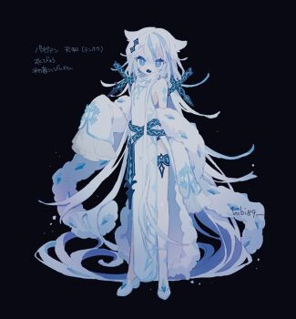 Rule 34 | 1girl, absurdly long hair, belt, black background, blue eyes, chien-pao, china dress, chinese clothes, commentary request, detached sleeves, dress, feather boa, flat chest, full body, hair ears, hand up, hibi89, long hair, looking at viewer, nintendo, open mouth, personification, pokemon, shoes, side slit, simple background, sleeveless, sleeveless dress, sleeves past fingers, sleeves past wrists, solo, standing, thigh strap, translation request, turtleneck, turtleneck dress, very long hair, white hair, white shoes