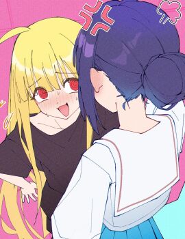 Rule 34 | 2girls, :d, @ @, ahoge, anger vein, annoyed, black shirt, blonde hair, blue hair, blue skirt, blunt bangs, blush, cho kaguya-hime!, cowboy shot, dinsoreprong64, hair bun, hashtag-only commentary, highres, kaguya (cho kaguya-hime!), long hair, looking at another, multiple girls, nervous smile, nervous sweating, open mouth, pink background, pleated skirt, puff of air, purple hair, red eyes, sailor collar, sakayori iroha, school uniform, serafuku, shirt, short hair, short sleeves, single hair bun, skirt, smile, standing, sweat, t-shirt, white shirt