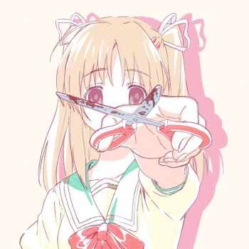 1girl blonde_hair blood bloody_weapon bow bowtie collarbone commentary_request covered_mouth drop_shadow ega_(ega-519) empty_eyes film_grain hair_ornament hair_ribbon hairclip holding holding_scissors long_hair looking_at_viewer nonohara_nagisa red_bow red_bowtie ribbon sailor_collar sailor_shirt scissors shirt short_sleeves solo tareme upper_body weapon white_ribbon white_sailor_collar yandere_no_onna_no_ko_ni_shinu_hodo_aisarete_nemurenai_cd yellow_shirt