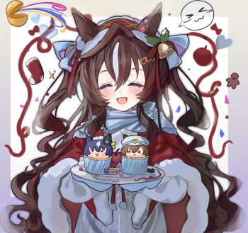1girl animal_ears apple blue_scarf blush bow breasts brown_hair cape character-themed_food christmas christmas_stocking closed_eyes commentary_request cupcake dress food frilled_headband fruit fur_trim gingerbread_man gloves hair_between_eyes hair_bow headband heart highres holding holding_plate holly horse_ears horse_girl kk_(pixiv_83235599) long_hair mole mole_under_eye multicolored_hair open_mouth plate red_cape red_headband red_ribbon ribbon santa_costume scarf smile solo streaked_hair umamusume very_long_hair vivlos_(umamusume) white_dress