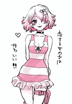 1girl arms_behind_back blush breasts choker cleavage dr._stone dress hair_ornament hair_over_one_eye heart lipstick luna_wright makeup pink_eyes pink_hair pink_theme poppoonnii2 short_hair smile solo star_(symbol) star_hair_ornament striped_clothes striped_dress thigh_strap white_background