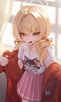 1girl blonde_hair blue_archive blush curtains jacket looking_at_viewer pink_skirt red_jacket shirt skirt solo sweatdrop t-shirt twintails twitter ximgyeon yoshimi_(band)_(blue_archive) yoshimi_(blue_archive)