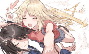 Rule 34 | 2girls, :d, ^ ^, anger vein, bang dream!, bang dream! girls band party!, blonde hair, blue jacket, breasts, closed eyes, closed mouth, commentary, false smile, glomp, grey overalls, hair ornament, hairclip, heart, highres, hug, jacket, jumping, medium breasts, multiple girls, okusawa misaki, open clothes, open jacket, open mouth, overall shorts, overalls, parallel hairclips, partially shaded face, red shirt, shirt, short sleeves, smile, smirk, sweat, tsurumaki kokoro, yukitake (bullfalk)