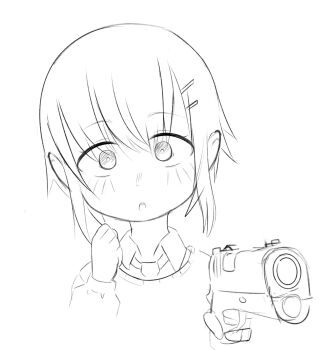 Rule 34 | 1girl, character request, collared shirt, copyright request, greyscale, gun, gun pointing at viewer, hair ornament, hairclip, hand up, holding, holding gun, holding weapon, looking at viewer, madmex, monochrome, necktie, open mouth, shirt, short hair, sidelocks, sketch, teeth, upper teeth only, vest, weapon, wide-eyed