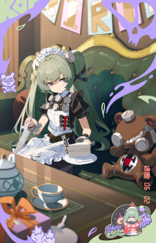 1girl absurdres apron artist_request belt birthday_cake black_dress black_nails brown_belt cake cake_slice chain chibi chibi_inset chinese_commentary commentary corin_wickes couch cuffs cup dated dress food green_hair hair_between_eyes happy_birthday highres indoors long_hair maid maid_apron maid_headdress official_art on_couch puffy_short_sleeves puffy_sleeves purple_eyes screw_hair_ornament short_sleeves sitting smile teacup teapot twintails white_apron zenless_zone_zero