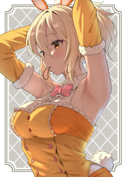 1girl absurdres armpits arms_behind_head blonde_hair blush closed_mouth commentary_request detached_sleeves fake_tail grey_background hair_between_eyes highres love_live! love_live!_nijigasaki_high_school_idol_club miyashita_ai mouth_hold orange_shirt orange_sleeves ponytail rabbit_tail shirt short_hair solo tail upper_body yellow_eyes yuu_(shampoohatslime)