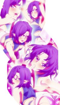 Rule 34 | 1boy, absurdres, anime screenshot, armpits, arms up, artist request, blue eyes, blue hair, blue leotard, chestnut mouth, cleavage cutout, clothing cutout, demon boy, finger to mouth, fingers in mouth, highres, horns, leotard, looking at viewer, looking back, male focus, meikyuu black company, multiple views, panties, panty peek, pantyshot, pointy ears, purple hair, purple thighhighs, ranga (meikyuu black company), red pupils, shorts, stitched, thighhighs, third-party edit, trap, underwear