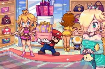 2boys 3girls :d :o animated animated_gif bag bare_shoulders blonde_hair blue_eyes blue_overalls blush blush_stickers breasts brown_hair carrying christy_frisby cleavage crown dress earrings closed_eyes facial_hair gift gloves hair_over_one_eye handbag hat jewelry long_hair long_sleeves looping_animation luma_(mario) mario mario_(series) midriff miniskirt multiple_boys multiple_girls mustache navel nintendo open_mouth overalls princess_daisy princess_peach red_headwear red_shirt rosalina shirt shop shopping short_hair skirt smile sparkle sparkling_eyes spiked_shell standing super_mario_bros._1 super_mario_galaxy super_mario_land toad_(mario) turtle_shell white_gloves