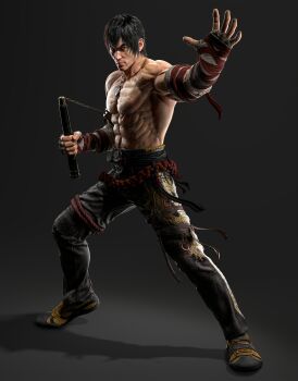 1boy 3d abs absurdres bandaged_hand bandages black_hair black_pants black_shoes brown_eyes fighting_stance full_body highres holding holding_nunchaku holding_weapon jewelry legs_apart looking_at_viewer male_focus marshall_law muscular muscular_male necklace non-web_source nunchaku official_art pants scar scar_on_chest shoes short_hair solo tekken tekken_8 topless_male weapon
