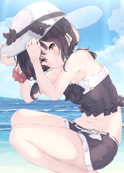 Rule 34 | 1girl, absurdres, arm up, black bow, black hair, black shorts, bow, breasts, buckle, cropped shirt, granblue fantasy, hat, hat bow, heart, heart-shaped buckle, highres, looking at viewer, medium breasts, navel, red eyes, red scrunchie, scrunchie, short twintails, shorts, solo, stomach, sun hat, twintails, ukiwakisen, vikala (granblue fantasy), vikala (summer) (granblue fantasy), white hat, wrist scrunchie