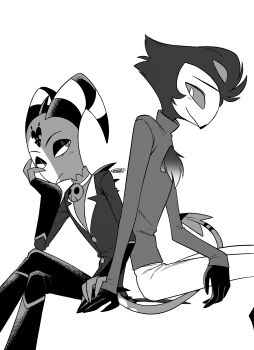 2boys absurdres back-to-back blitzo_(helluva_boss) body_fur boots bored brooch closed_mouth colored_sclera commentary_request crossed_legs demon_boy demon_horns demon_tail eyeshadow feet_out_of_frame fewer_digits frown furry furry_male greyscale halftone hand_on_another&#039;s_hand hand_on_own_cheek hand_on_own_face hatching_(texture) hellaverse helluva_boss highres horns invisible_chair jacket jewelry knee_boots lapels long_sleeves looking_at_another looking_back makeup male_focus menma_(enaic31) monochrome multicolored_horns multiple_boys notched_lapels owl_boy pants profile signature simple_background sitting skull_brooch smile stolas_(helluva_boss) striped_horns sweater tail turtleneck turtleneck_sweater two-tone_horns white_background