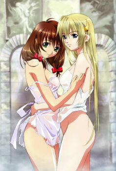 2girls absurdres blonde_hair blue_eyes breast_press brown_hair gen_1_pokemon green_eyes highres legendary_pokemon mew_(pokemon) multiple_girls mythical_pokemon no_panties rin-sin see-through_clothes sharon symmetrical_docking words_worth yuri