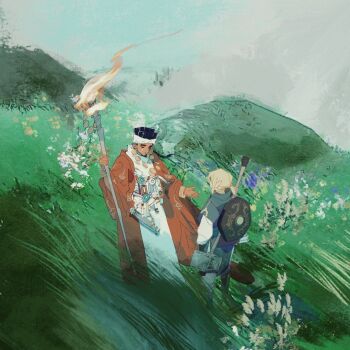 2boys beckoning blue_shirt bracelet closed_eyes coat coin_(ornament) commentary crossover day earrings english_commentary facing_another field fire floating_hair flower grass headband holding holding_torch jewelry jojo_no_kimyou_na_bouken layered_sleeves link long_hair long_sleeves male_focus mohammed_avdol mr_sangel multiple_boys nature necklace nintendo o-ring outdoors pointy_ears ponytail red_coat robe scar scar_on_face shield shield_on_back shirt short_hair short_over_long_sleeves short_sleeves sidelocks stardust_crusaders the_legend_of_zelda torch weapon weapon_on_back white_robe white_shirt wide_sleeves wind