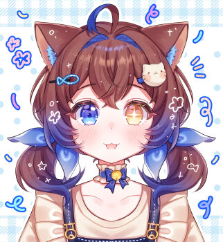 absurdres ahoge animal_ears bell blue_eyes blue_hair blush bow brown_hair cat cat_ears cat_girl collar fish_hair_ornament hair_ornament highres icon_(computing) jewelry jingle_bell nakamiraa necklace original self-upload short_twintails smile sparkle sparkling_eyes twintails yellow_eyes