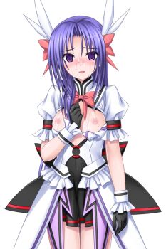 1girl black_gloves blush bow breasts breasts_out cum cum_on_body cum_on_breasts cum_on_upper_body empty_eyes facial game_cg gloves higuchi_isami large_variant_set long_hair looking_at_viewer magical_girl mahou_shoujo_sae medium_breasts murakami_shizuru nipples non-web_source official_art open_mouth purple_eyes purple_hair ribbon skirt smile solo transparent_background trap variant_set