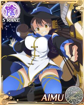 1girl aiming aimu_(senran_kagura) black_cape blue_bow blue_bowtie blue_skirt blue_thighhighs border bow bow_(weapon) bowtie breasts brown_eyes cape card_(medium) character_name crossbow curled_ends curly_hair detached_sleeves game_cg grin hair_ornament hairclip hat holding holding_crossbow holding_weapon kneeling large_breasts large_hat looking_at_viewer low_twintails official_art outstretched_arm pleated_skirt senran_kagura senran_kagura_new_wave skirt smile solo swept_bangs thighhighs twintails vest weapon white_vest witch witch_hat