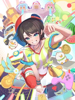 1girl backwards_hat baseball_cap bird black_hair blue_eyes breasts car collarbone controller duck food fruit game_controller glowstick hareteruya hat highres hololive motor_vehicle oozora_subaru oozora_subaru_(1st_costume) penlight_(glowstick) shirt shoes short_hair short_shorts short_sleeves shorts smile star_(symbol) stopwatch stopwatch_around_neck striped_clothes striped_shirt subaru_duck vertical-striped_clothes vertical-striped_shirt virtual_youtuber watch watermelon whistle whistle_around_neck white_shirt white_shoes white_shorts yellow_shirt