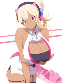 Rule 34 | 1girl, animal ears, beret, black garter straps, black hat, black thighhighs, black tube top, blonde hair, breasts, cat ears, cat girl, cat tail, cleavage, closed mouth, cosplay, dark-skinned female, dark skin, erikuukun, garter straps, hair ornament, hat, highres, hololive, hololive english, large breasts, long hair, looking at viewer, planet hair ornament, raora panthera, raora panthera (1st costume), raora panthera (cosplay), shorts, solo, strapless, tail, thighhighs, tsukumo sana, tube top, twintails, very long hair, vest, virtual youtuber, white shorts, white vest, yellow eyes