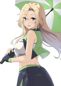 1girl absurdres bandeau black_skirt blonde_hair breasts commentary_request cropped_jacket fingerless_gloves gloves green_jacket green_skirt grey_eyes highres holding holding_umbrella hornet_(kancolle) jacket kantai_collection large_breasts long_hair looking_at_viewer looking_to_the_side multicolored_skirt open_mouth race_queen simple_background skirt sleeveless sleeveless_jacket smile solo strapless sukimizaki tube_top two-tone_gloves two-tone_skirt umbrella upper_body white_background white_bandeau