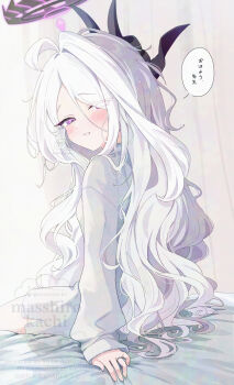 1girl ahoge bed_sheet blue_archive commentary_request eyes_visible_through_hair from_side grey_shirt grey_shorts hair_intakes hair_over_one_eye halo highres hina_(blue_archive) horns jewelry long_sleeves looking_at_viewer looking_to_the_side masshirokachi puffy_long_sleeves puffy_sleeves purple_eyes ring shirt shorts signature sleeves_past_wrists solo translation_request twitter_username watermark white_hair