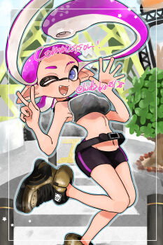 1girl absurdres armor belt bike_shorts black_belt black_bike_shorts black_shirt blue_eyes blush breasts cloud commission crosswalk fangs gold_shoes grey_armor hidaka0128 highres inkling inkling_girl inkling_player_character large_breasts long_hair looking_at_viewer midriff navel nintendo one_eye_closed open_mouth pavement pointy_ears purple_hair shirt shoes sky sleeveless sleeveless_shirt smile sneakers splatoon_(series) squid_girl standing standing_on_one_leg star_(symbol) suction_cups tentacle_hair tower tree v waving wink