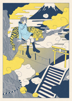 1other 2022 absurdres arm_support bell black_footwear blue_footwear blue_jacket blue_theme blush border branch chinese_zodiac cloud from_above grey_hair hair_bun highres in_tree jacket leaves limited_palette looking_down lying mitsuki_sanagi mountain new_year short_hair single_hair_bun sitting sitting_in_tree stairs tareme tiger torii tree white_border white_footwear year_of_the_tiger yellow_leaves yellow_theme