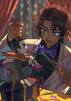 2boys :o animal_ears black_eyes black_hair black_shirt bow bowtie brown_hair carrot confetti curtained_hair curtains eating fang formal_clothes grabbing_another&#039;s_ear hair_slicked_back hand_on_another&#039;s_ear hat heathcliff_(project_moon) highres holding holding_carrot holding_stick kemonomimi_mode killerohan limbus_company looking_at_another magician meursault_(project_moon) mini_person miniboy multiple_boys multiple_scars oversized_object project_moon purple_eyes rabbit_ears rabbit_tail scar scar_on_face scar_on_hand shadow shirt short_hair sideburns star_(symbol) star_print stick streamers suit tail top_hat vest wand white_suit white_vest