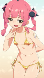 Rule 34 | 1girl, alternate costume, bikini, black eyes, black hair, blush, breasts, commentary request, coral (pokemon), creatures (company), fang, game freak, gold bikini, highres, looking at viewer, micro bikini, multicolored hair, navel, nintendo, om (nk2007), open mouth, pink hair, pokemon, pokemon (anime), pokemon horizons, side-tie bikini bottom, small breasts, smug, solo, swimsuit, thigh gap, twintails, two-tone hair, v