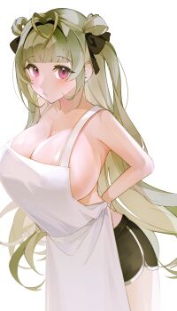 1girl alternate_costume antenna_hair apron arms_behind_back black_ribbon black_shorts blunt_bangs blush breasts chihaya_510 cleavage closed_mouth commentary cowboy_shot dolphin_shorts goddess_of_victory:_nikke green_hair hair_intakes hair_ribbon hair_rings heart_antenna_hair highres large_breasts long_hair looking_at_viewer no_bra no_shirt purple_eyes ribbon shorts sideboob simple_background soda_(nikke) solo standing two_side_up tying_apron white_apron white_background
