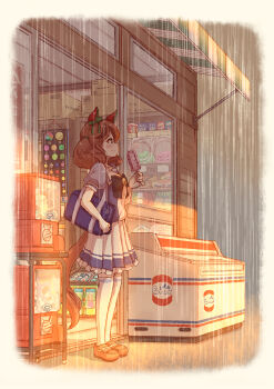 1girl animal_ears bag blush box brown_hair cardboard_box commentary_request convenience_store dress food freezer frilled_dress frills full_body gashapon gashapon_machine highres holding holding_food horse_ears horse_girl horse_tail looking_afar mary_janes medium_hair nice_nature_(umamusume) pleated_dress popsicle puffy_short_sleeves puffy_sleeves purple_shirt rain sailor_collar satomura_kyou school_bag school_uniform shirt shoes shop short_sleeves smile solo standing tail thighhighs tracen_school_uniform umamusume white_dress white_thighhighs window