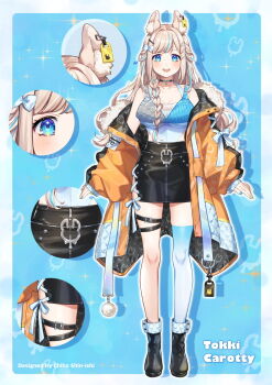 1girl :d animal_ear_fluff animal_ears artist_name bare_shoulders black_choker black_skirt blue_background blue_eyes blue_shirt blue_streaks blue_thighhighs blush breasts character_name choker coat collarbone commentary_request drop_shadow full_body grey_hair highres indie_virtual_youtuber large_breasts long_hair long_sleeves looking_at_viewer multicolored_hair multiple_thigh_straps nail_polish off_shoulder open_clothes open_coat open_mouth orange_coat outline pencil_skirt rabbit_ears rabbit_girl shinishi_chiho shirt single_thighhigh skirt sleeveless sleeveless_shirt smile solo sparkle standing streaked_hair thigh_strap thighhighs tokii_carotty virtual_youtuber white_outline