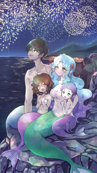 2boys 2girls aerial_fireworks arm_around_another's_waist bandeau bare_shoulders bikini blue_hair blue_tail bracelet breasts brown_eyes brown_hair city_lights cleavage collarbone commentary_request crossed_bangs curly_hair family fins fireworks gradient_hair green_eyes green_tail hair_between_eyes hair_ornament head_fins highres hug jewelry komena_(shinyday312) long_hair long_sidelocks looking_up medium_breasts medium_hair merfolk merfolk_out_of_environment mermaid merman mina_(komena) minato_(komena) monster_boy monster_girl mountain multicolored_hair multiple_boys multiple_girls navel night ocean on_rock open_mouth original parted_bangs pearl_bracelet pink_tail purple_hair purple_tail scales shell shell_bikini short_hair sidelocks starfish_hair_ornament swimsuit thick_eyebrows wavy_hair