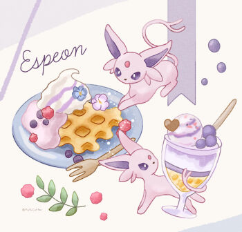 Rule 34 | absurdres, blueberry, character name, commentary request, cream, cup, drinking glass, espeon, food, forehead jewel, fork, forked tail, fruit, gen 2 pokemon, highres, ice cream, leaf, mofucoffee, nintendo, no humans, plate, pokemon, pokemon (creature), pokemon focus, purple fur, tail, twitter username, waffle