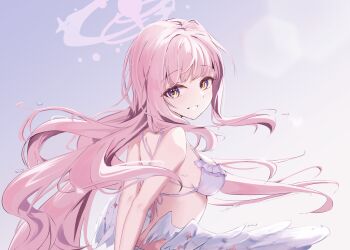 Rule 34 | 1girl, absurdres, arms behind back, bikini, blue archive, blush, commentary request, eco mak1, feathered wings, frilled bikini, frills, from behind, grey background, halo, highres, looking at viewer, looking back, low wings, mika (blue archive), mika (swimsuit) (blue archive), official alternate costume, partial commentary, pink hair, pink halo, smile, solo, swimsuit, upper body, white bikini, white wings, wings, yellow eyes