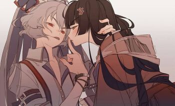 2girls anger_vein black_hair bow commentary english_commentary fujiwara_no_mokou grey_hair hair_bow hair_ribbon hat hime_cut houraisan_kaguya kawacy long_hair long_sleeves middle_finger multiple_girls pants pink_shirt red_eyes ribbon shirt touhou very_long_hair white_hair