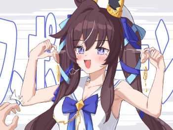 Rule 34 | 1girl, 1other, animal ears, armpits, black hair, blue nails, blue ribbon, blush, bow, bowtie, breasts, chain, cleavage, commentary request, ear ornament, earrings, fake human ears, fingernails, gold chain, hair ribbon, hat, highres, horse ears, horse girl, jewelry, large breasts, mole, mole under eye, nail polish, open mouth, purple bow, purple bowtie, purple eyes, ribbon, saboten mushi, sailor collar, shirt, simple background, sleeveless, sleeveless shirt, smile, umamusume, vivlos (umamusume), vivlos (voyage etincelant) (umamusume), white background, white hat, white sailor collar