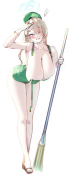 Rule 34 | 1girl, absurdres, alternate costume, alternate hairstyle, apron, arm up, asuna (blue archive), bare arms, bare legs, bare shoulders, black sandals, blonde hair, blue archive, blue eyes, blue halo, blue ribbon, breasts, bright pupils, broom, cleavage, collarbone, commentary, dated commentary, english commentary, eyes visible through hair, full body, geonjeonji, gloves, green apron, green hat, grin, hair over one eye, hair ribbon, halo, hand up, hat, highres, holding, holding broom, huge breasts, leaning forward, long hair, looking at viewer, naked apron, one side up, parted lips, ribbon, salute, sandals, simple background, sketch, smile, solo, standing, white background, white gloves, white pupils