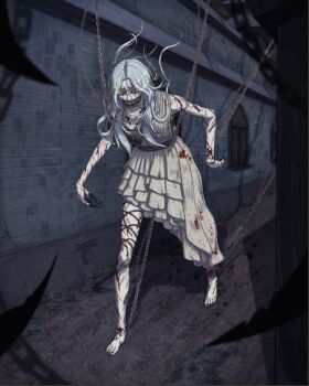 1girl alley bare_legs barefoot blood bloody_tears breasts chain chain_leash chained character_profile clawed_hands cuts dark_ages_vampire exposed_teeth eye_contact fantasy fingernails full_body glasgow_smile horror_(theme) injury leash long_fingernails long_hair looking_at_another medieval medium_breasts night no_cheeks oyoo_13 pale_skin red_eyes sharp_teeth sneaking solo_focus stone_wall tabletop_rpg teeth vampire vampire:_the_masquerade_-_bloodlines walking white_hair world_of_darkness