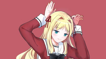 Rule 34 | 1girl, arm up, blonde hair, chinese commentary, closed mouth, commentary request, green eyes, hair intakes, long hair, long sleeves, matsubara yuuna, outstretched hand, phony (cevio), red background, red ribbon, ribbon, sahara1109, school uniform, simple background, smile, solo, sono hanabira ni kuchizuke wo, split mouth, st. michael's school uniform, upper body